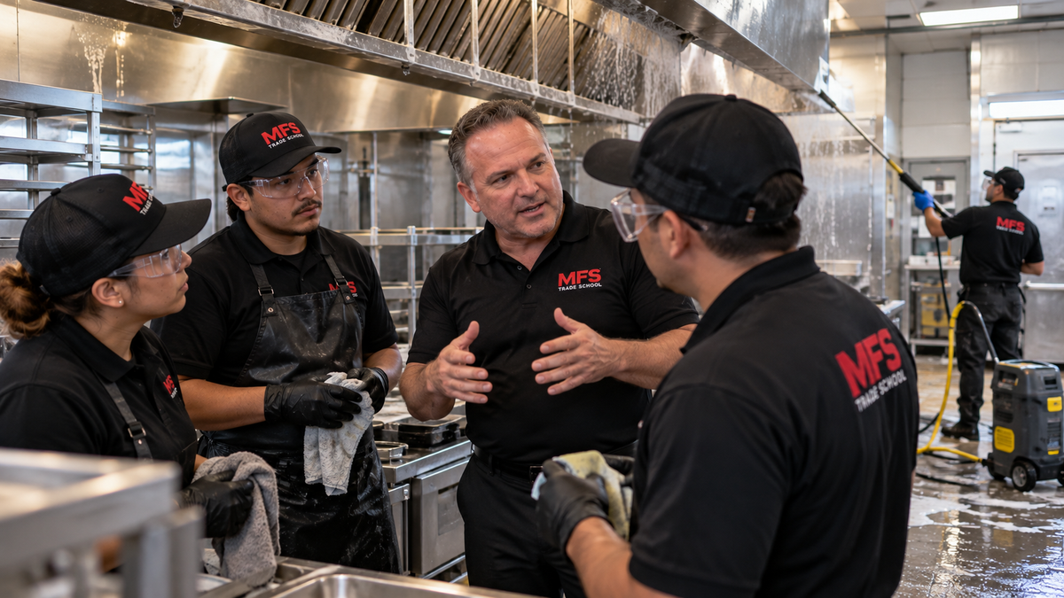 AI-generated illustration of Chris Daskalakis, MFS Trade School founder, instructing students on commercial kitchen exhaust hood cleaning, pressure washing techniques, and professional safety procedures.