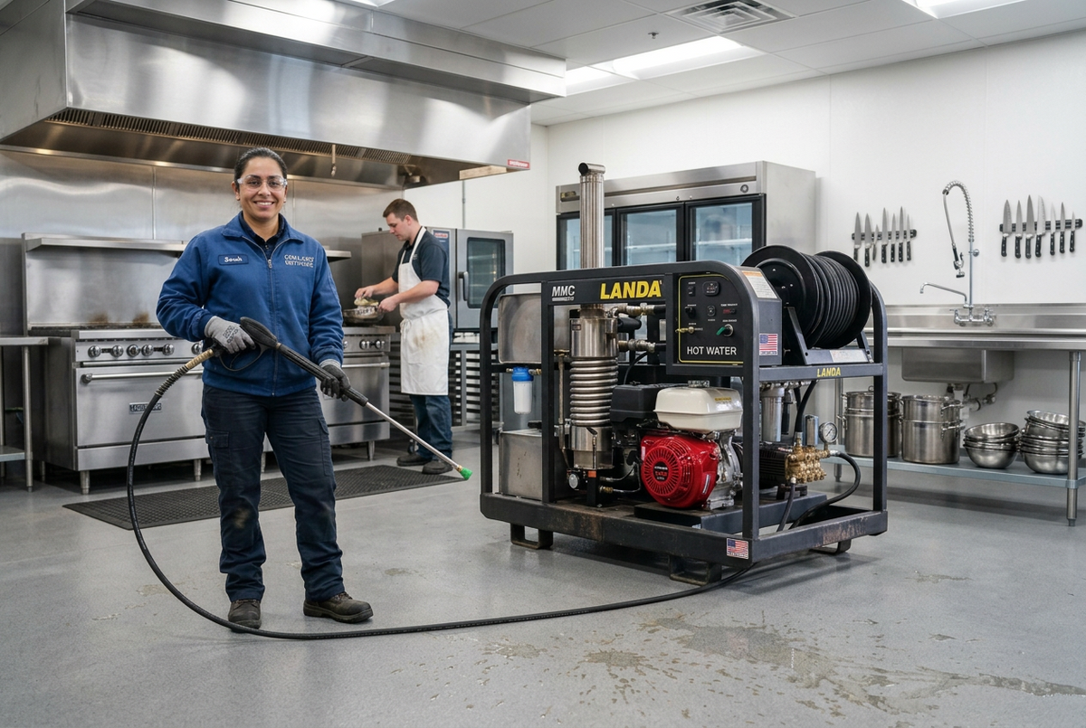 Commercial hot water pressure washer with professional pump, heating system, and cleaning accessories