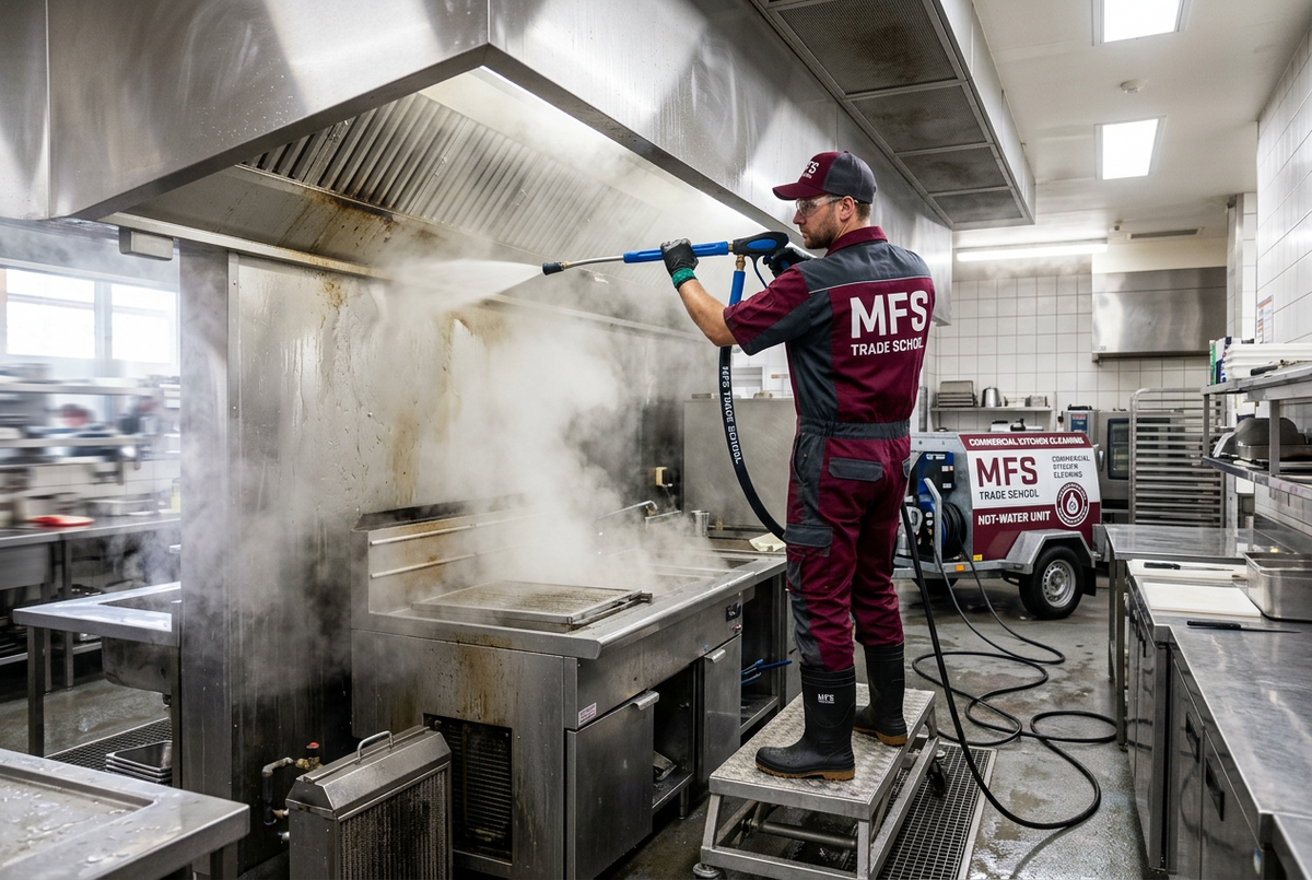 MFS Trade School commercial kitchen hood cleaning technician using professional equipment to clean a restaurant exhaust hood, highlighting a hood cleaning business opportunity in 2027.
