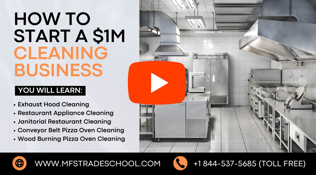 Advertisement for a cleaning business school with a video play button and kitchen equipment.