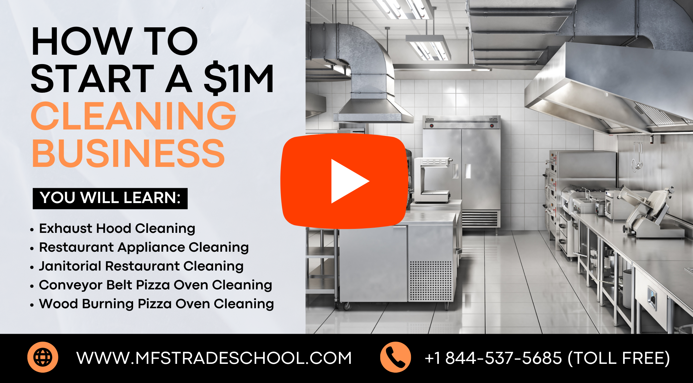 Advertisement for a cleaning business school with a video play button and kitchen equipment.